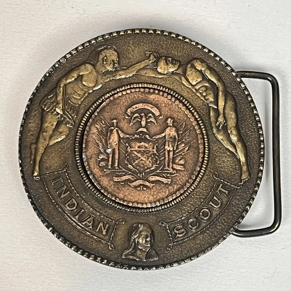 Vintage Indiana Scout Brass Belt Buckle State Seal Copper Tone Western 3 Inch